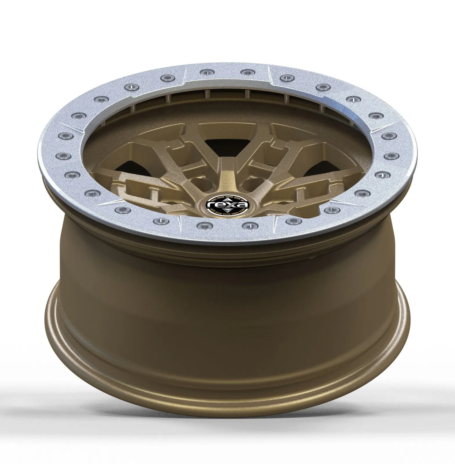 Bronze forged off-road wheel with deep dish barrel and silver face ring — side profile
