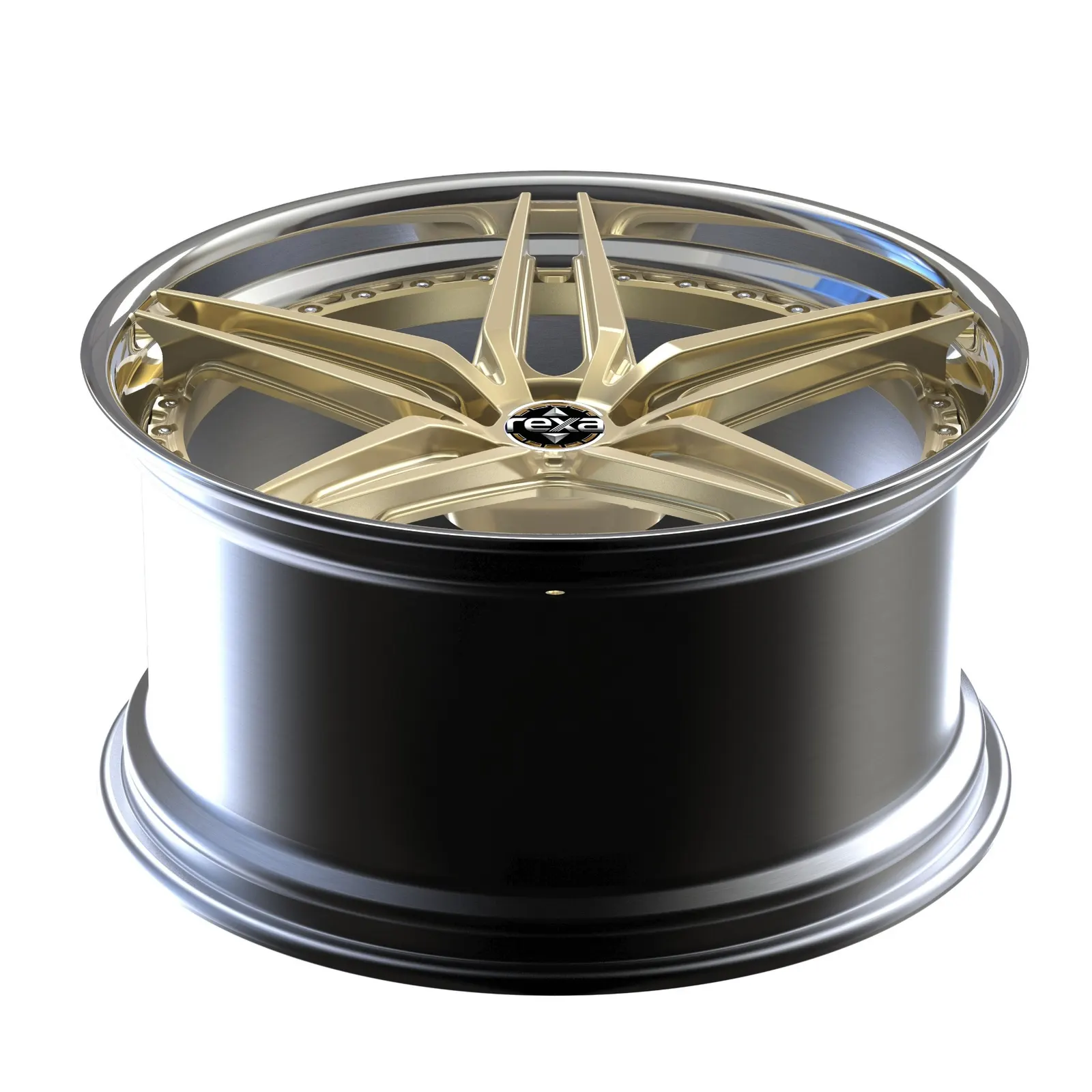Gold split-5-spoke forged 2-piece wheel side profile with deep barrel