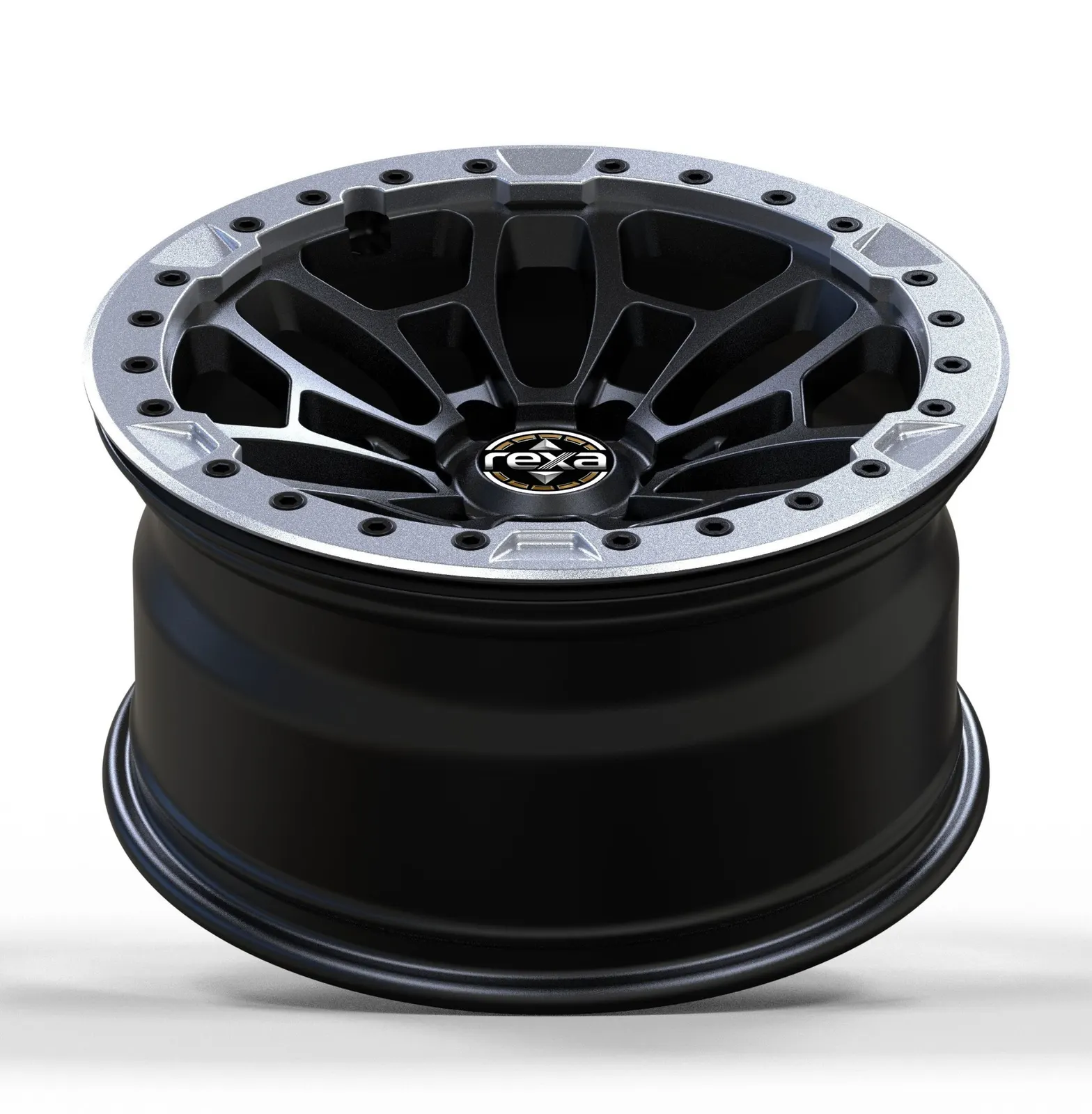 Matte black forged off-road wheel with silver beadlock-style face — side profile