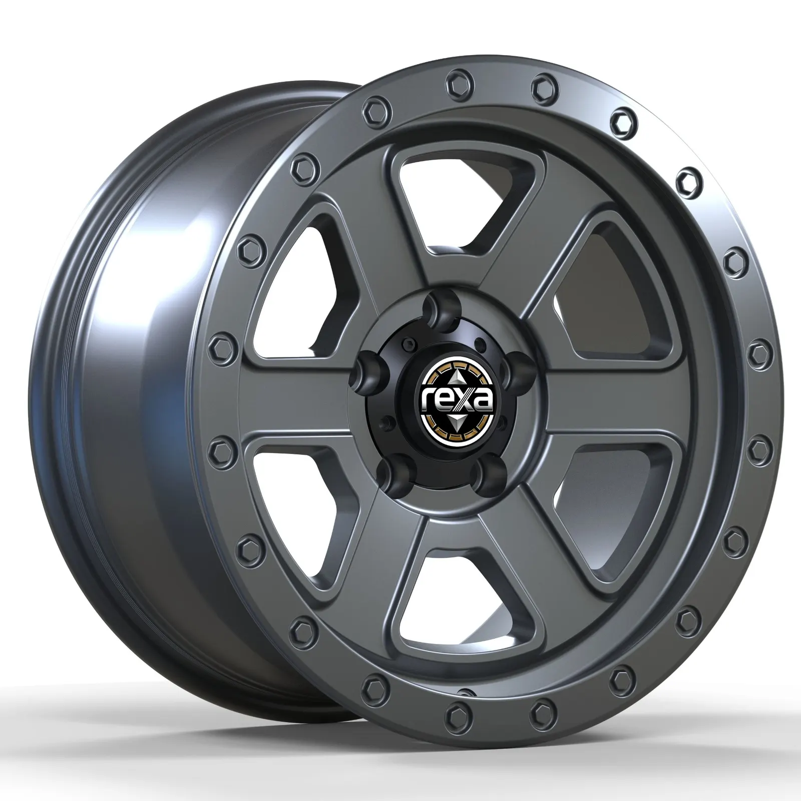 Satin gunmetal 6-spoke forged off-road wheel — 3/4 side profile