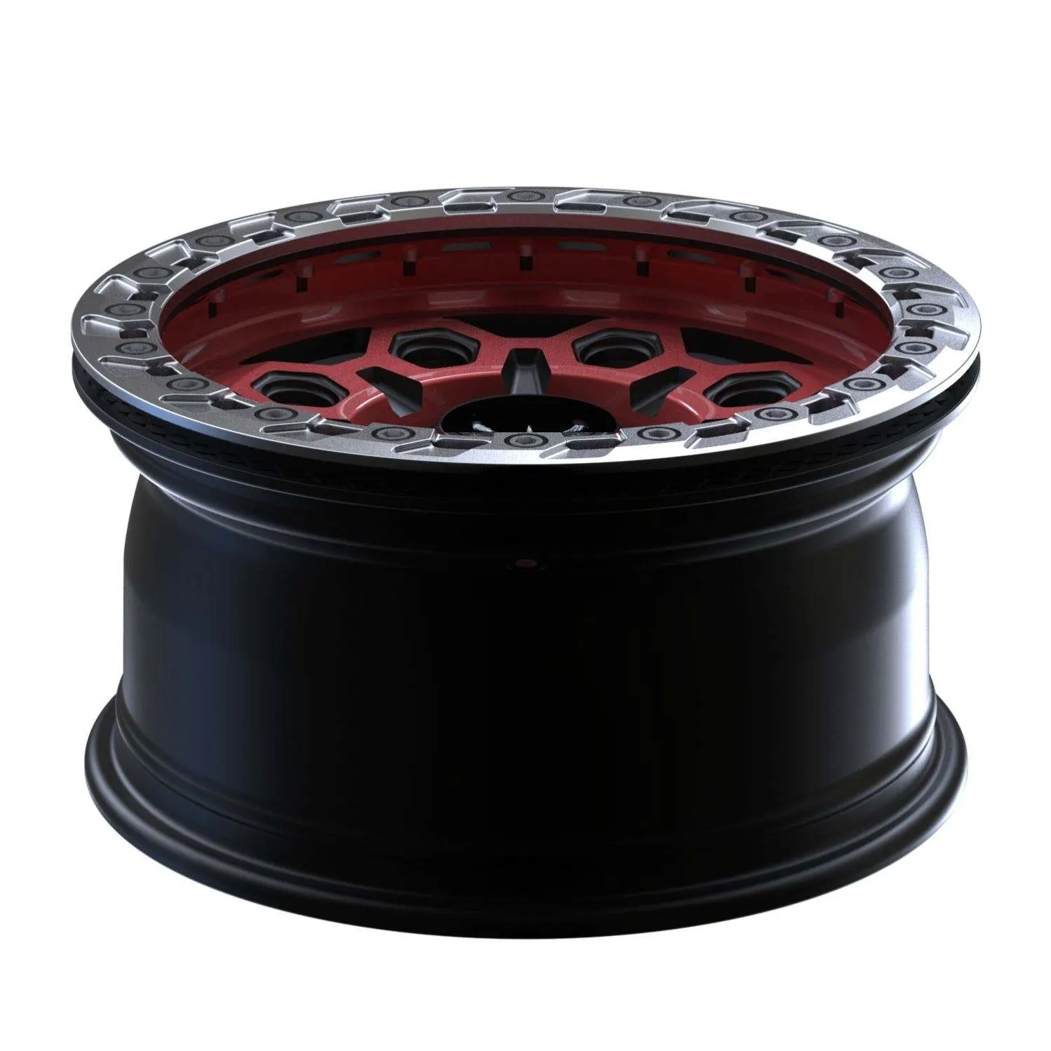 Candy red forged off-road wheel — side profile showing deep black barrel