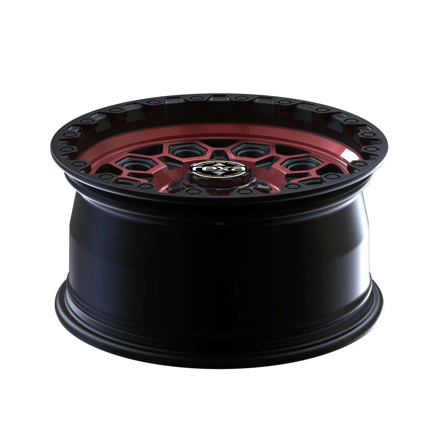 Candy red and matte black forged off-road beadlock wheel — side profile showing deep barrel
