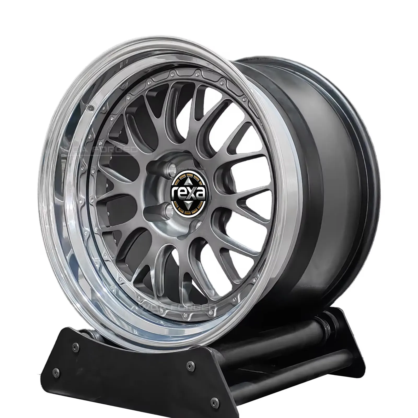 3-piece forged mesh-spoke wheel — side profile with deep polished barrel