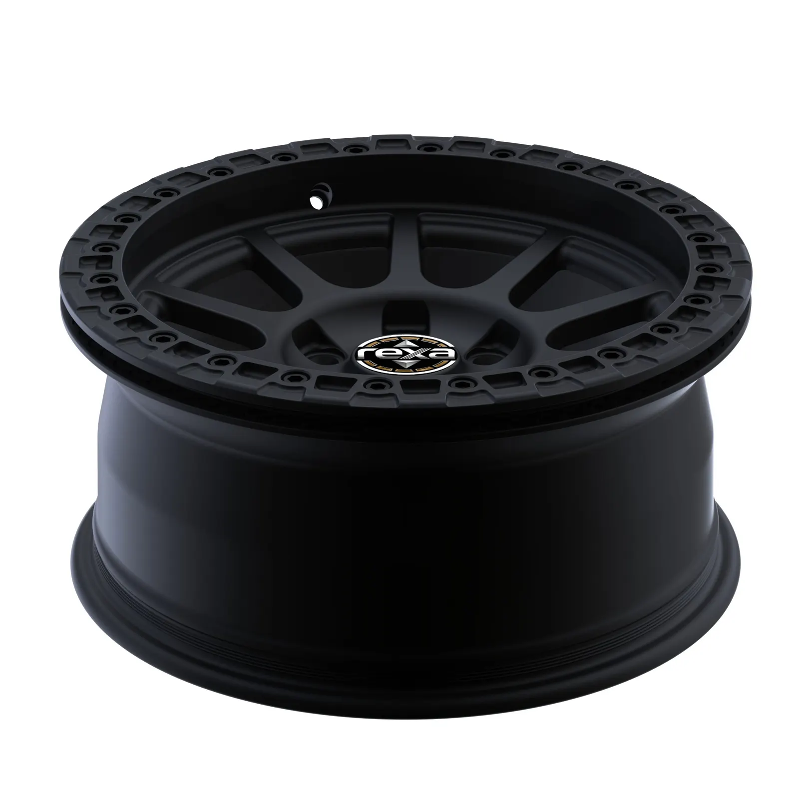 Matte black beadlock-style forged off-road wheel — side profile showing deep barrel