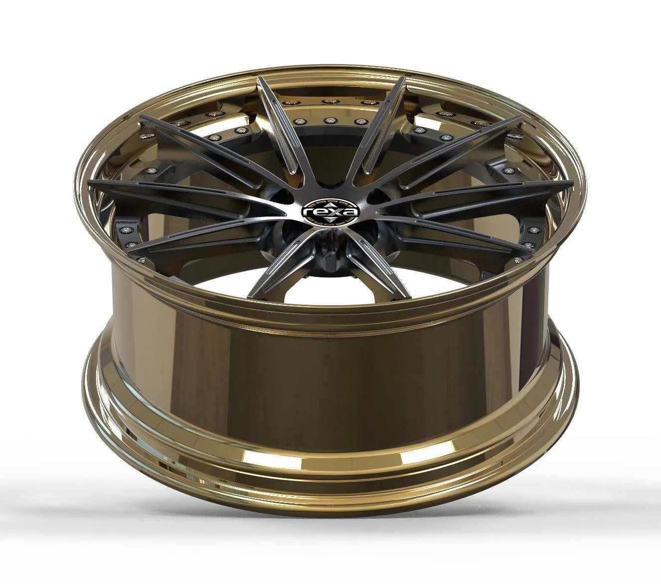 Forged 2-piece wheel side profile showing deep polished gold barrel